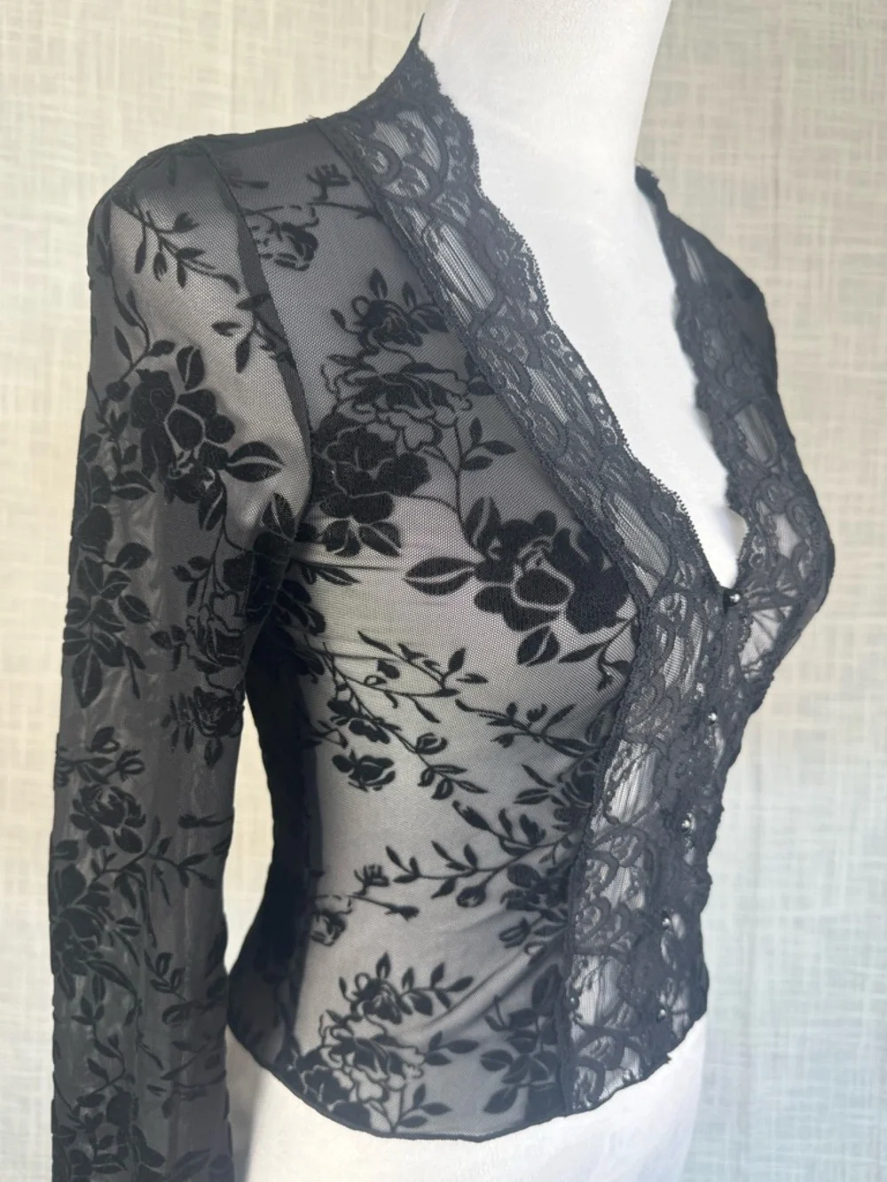 Sheer Black Lace Mesh Top Y2K Goth Romantic Button Front Stretch Blouse - Picture 3 of 5